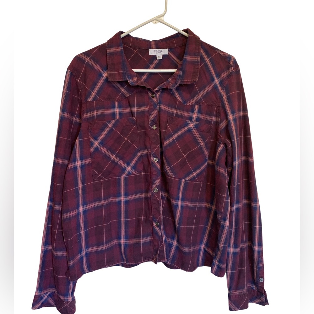 Kensie maroon, pink, navy plaid button down, juniors XL, grunge, 90s